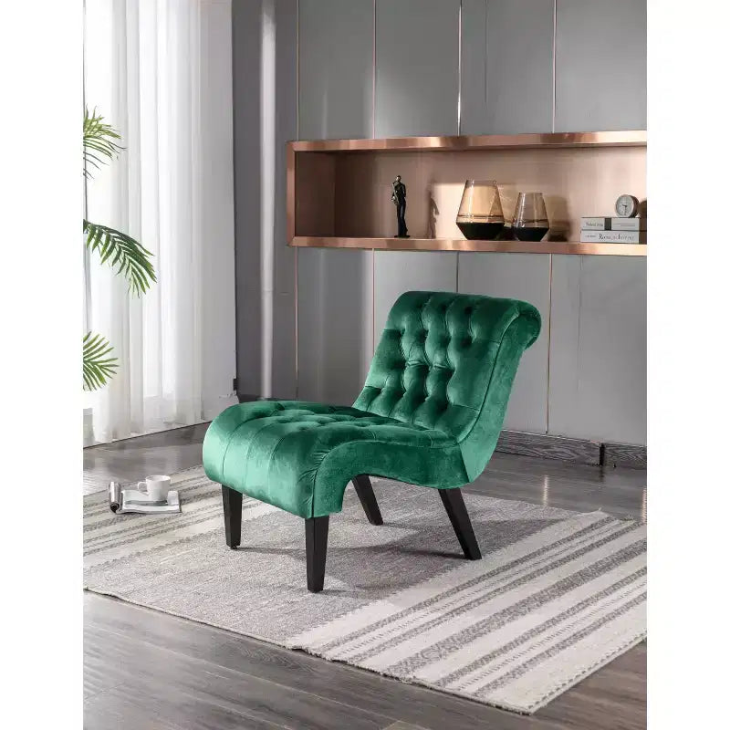 Fauteuil d'appoint sans accoudoirs en velours, avec boutons en tissu et pieds en bois
