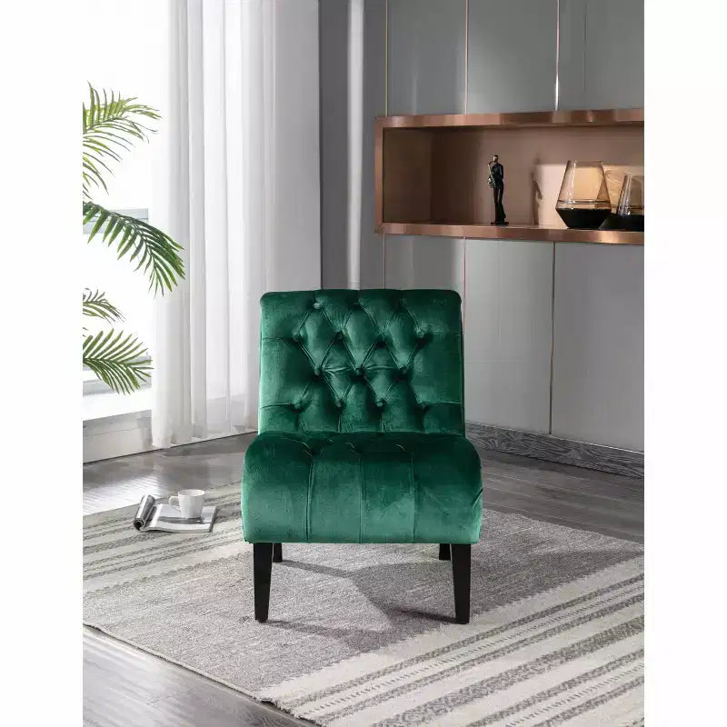 Fauteuil d'appoint sans accoudoirs en velours, avec boutons en tissu et pieds en bois