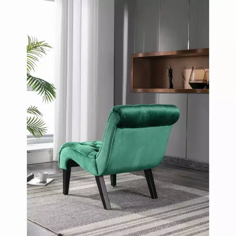 Fauteuil d'appoint sans accoudoirs en velours, avec boutons en tissu et pieds en bois