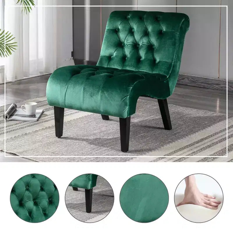 Fauteuil d'appoint sans accoudoirs en velours, avec boutons en tissu et pieds en bois