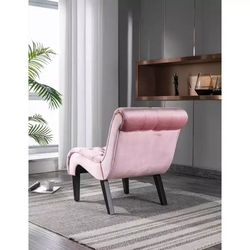 Fauteuil d'appoint sans accoudoirs en velours, avec boutons en tissu et pieds en bois