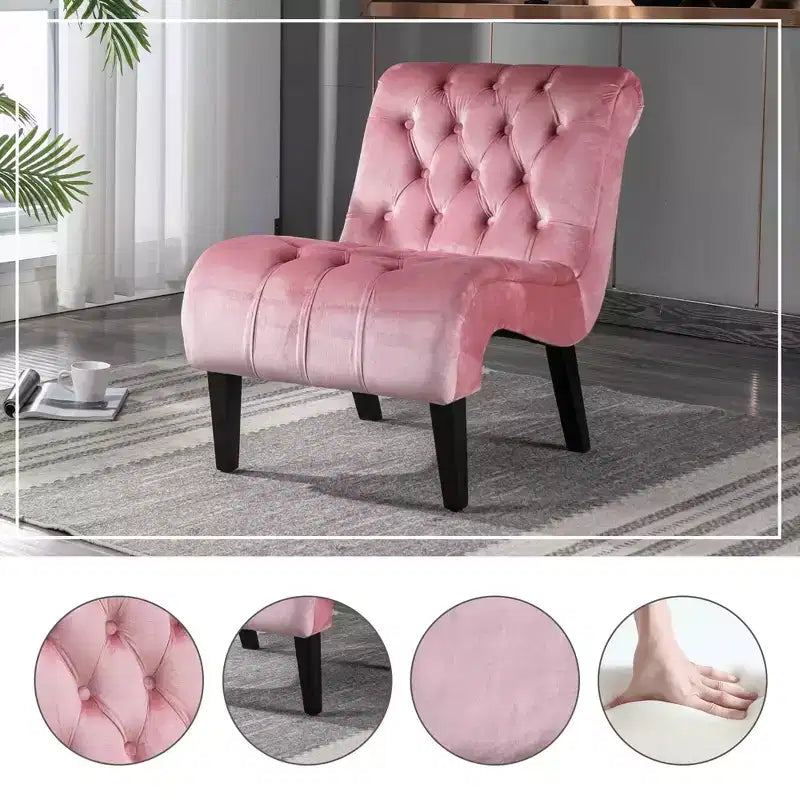 Fauteuil d'appoint sans accoudoirs en velours, avec boutons en tissu et pieds en bois