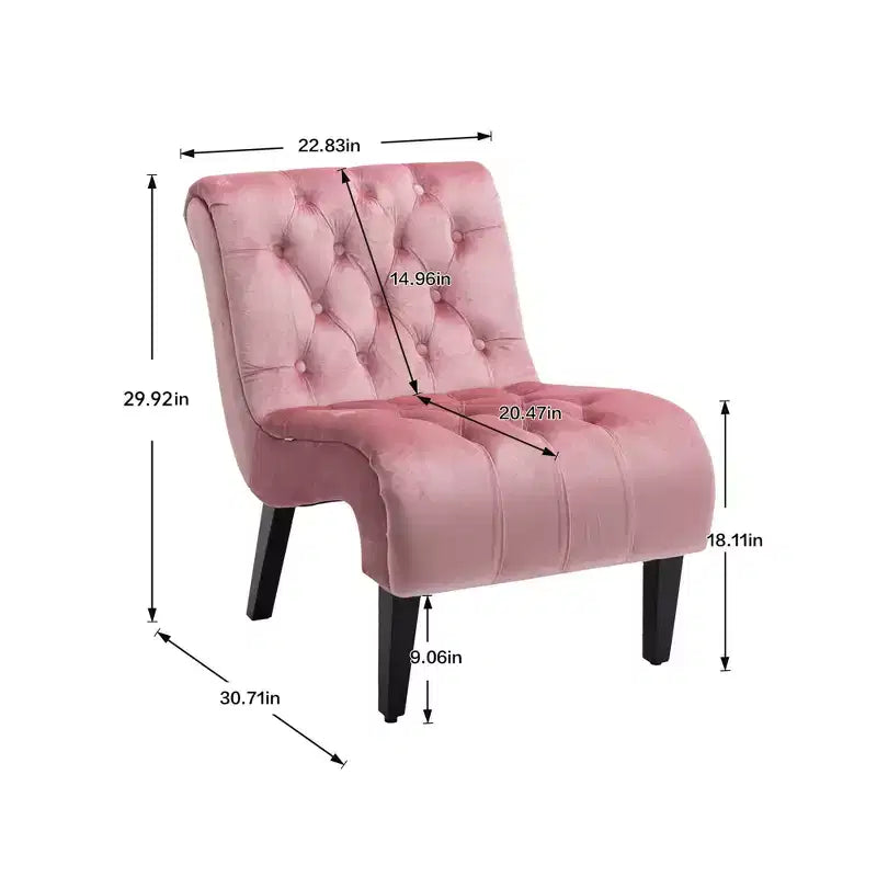 Fauteuil d'appoint sans accoudoirs en velours, avec boutons en tissu et pieds en bois
