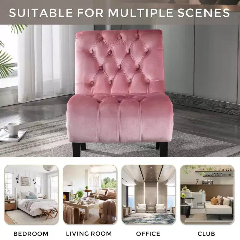 Fauteuil d'appoint sans accoudoirs en velours, avec boutons en tissu et pieds en bois