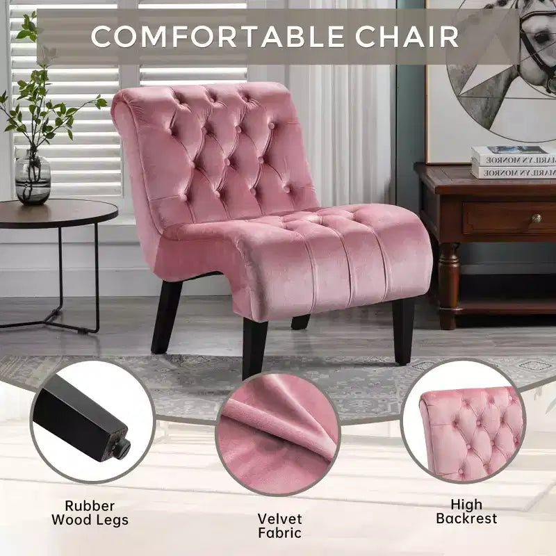 Fauteuil d'appoint sans accoudoirs en velours, avec boutons en tissu et pieds en bois