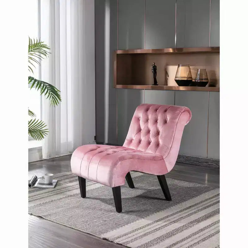 Fauteuil d'appoint sans accoudoirs en velours, avec boutons en tissu et pieds en bois