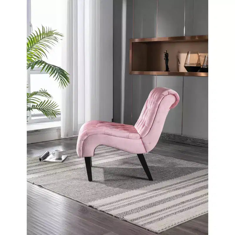 Fauteuil d'appoint sans accoudoirs en velours, avec boutons en tissu et pieds en bois