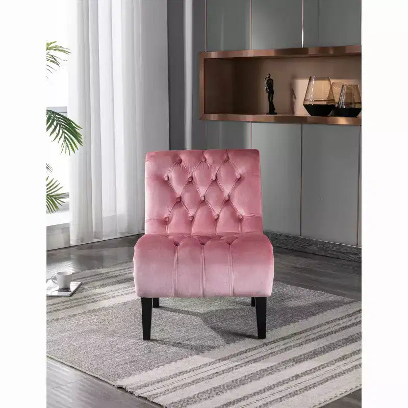 Fauteuil d'appoint sans accoudoirs en velours, avec boutons en tissu et pieds en bois