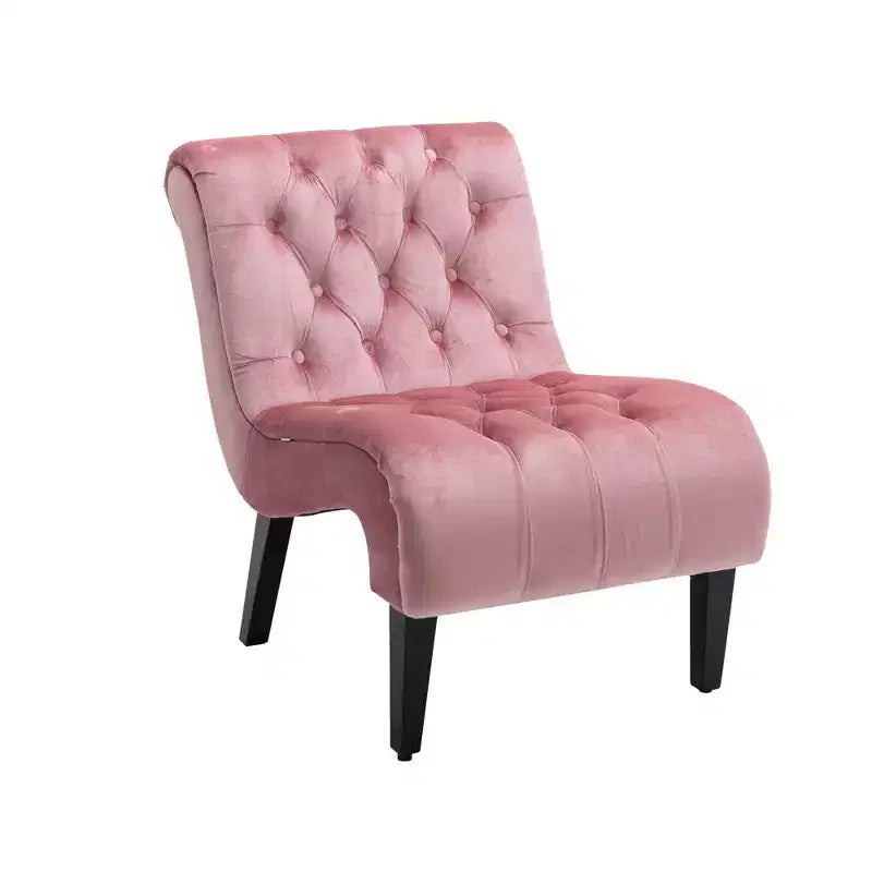 Fauteuil d'appoint sans accoudoirs en velours, avec boutons en tissu et pieds en bois