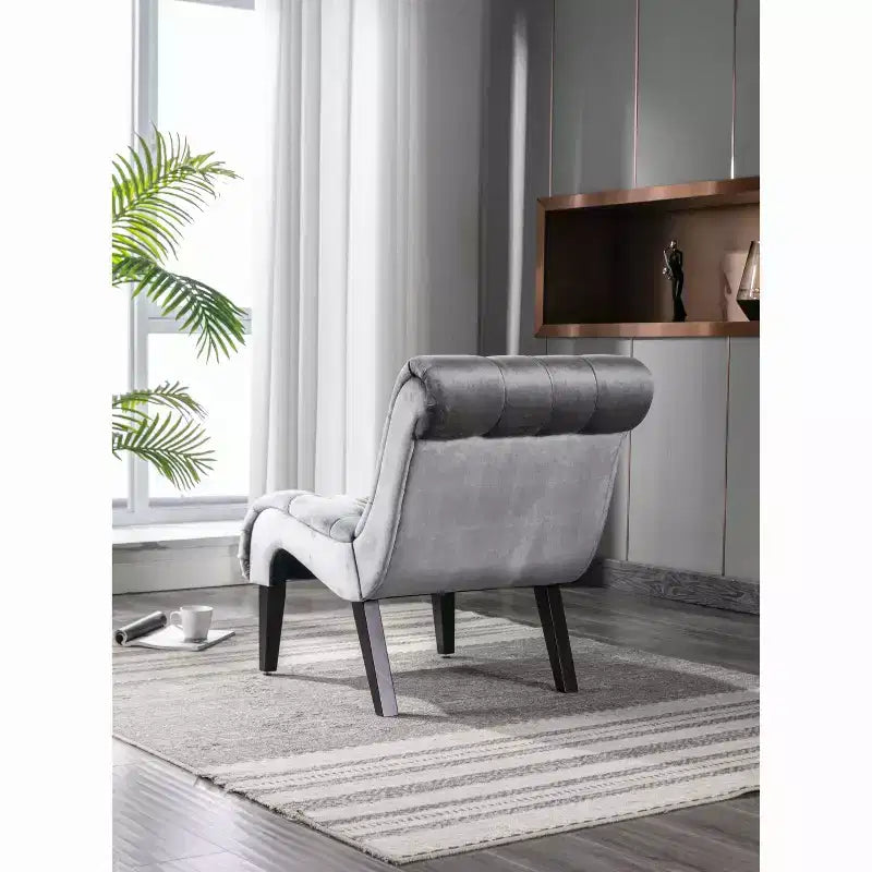 Fauteuil d'appoint sans accoudoirs en velours, avec boutons en tissu et pieds en bois
