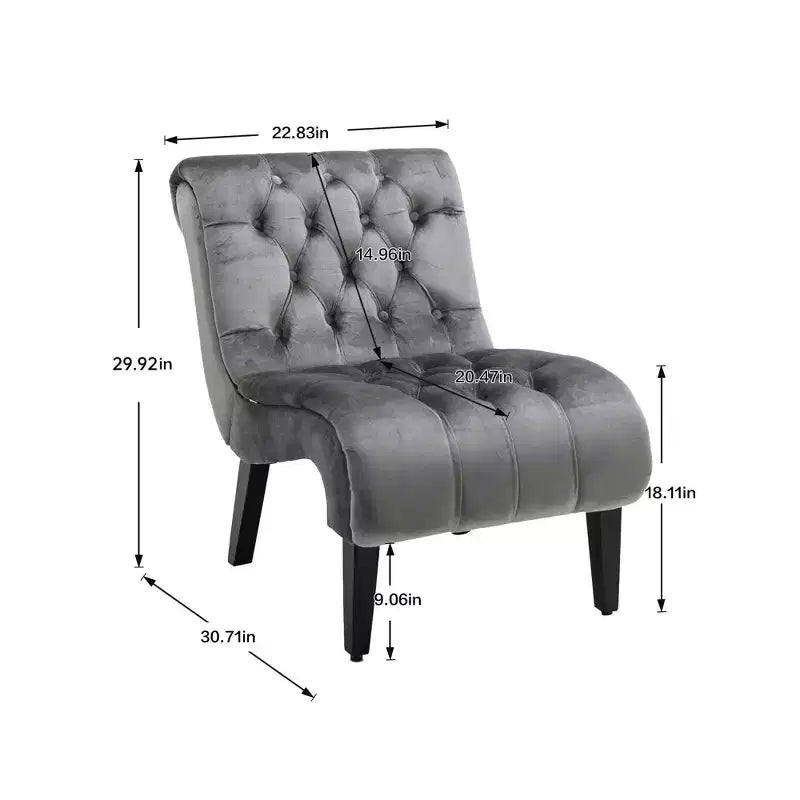 Fauteuil d'appoint sans accoudoirs en velours, avec boutons en tissu et pieds en bois