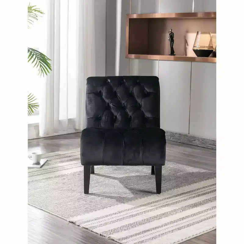 Fauteuil d'appoint sans accoudoirs en velours, avec boutons en tissu et pieds en bois