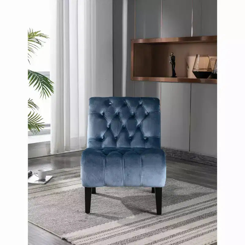 Fauteuil d'appoint sans accoudoirs en velours, avec boutons en tissu et pieds en bois