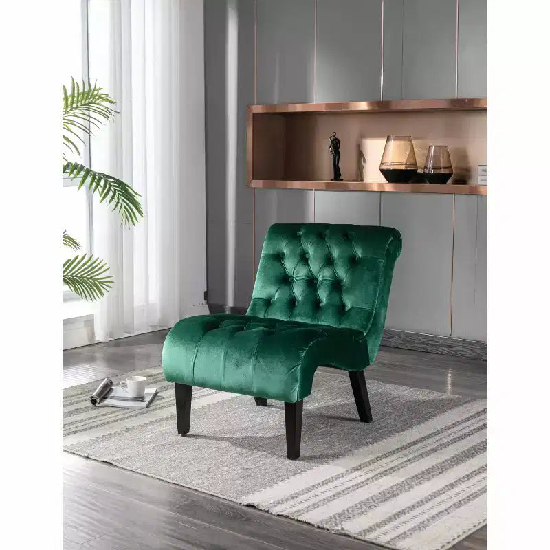 Fauteuil d'appoint sans accoudoirs en velours, avec boutons en tissu et pieds en bois