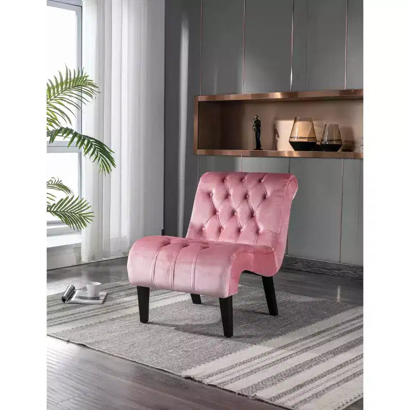 Fauteuil d'appoint sans accoudoirs en velours, avec boutons en tissu et pieds en bois