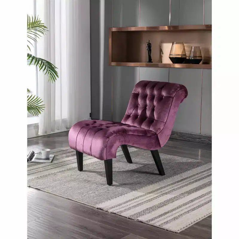 Fauteuil d'appoint sans accoudoirs en velours, avec boutons en tissu et pieds en bois