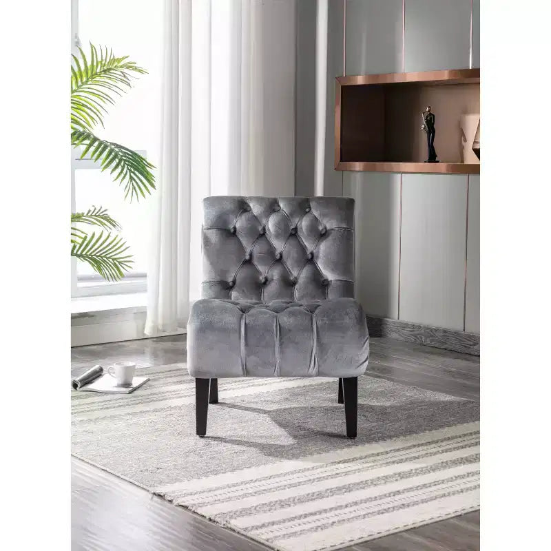 MAYEERTY Velvet Armless Accent Chair, Fabric Button Wooden Legs, Living Room Office, Beige Velvet