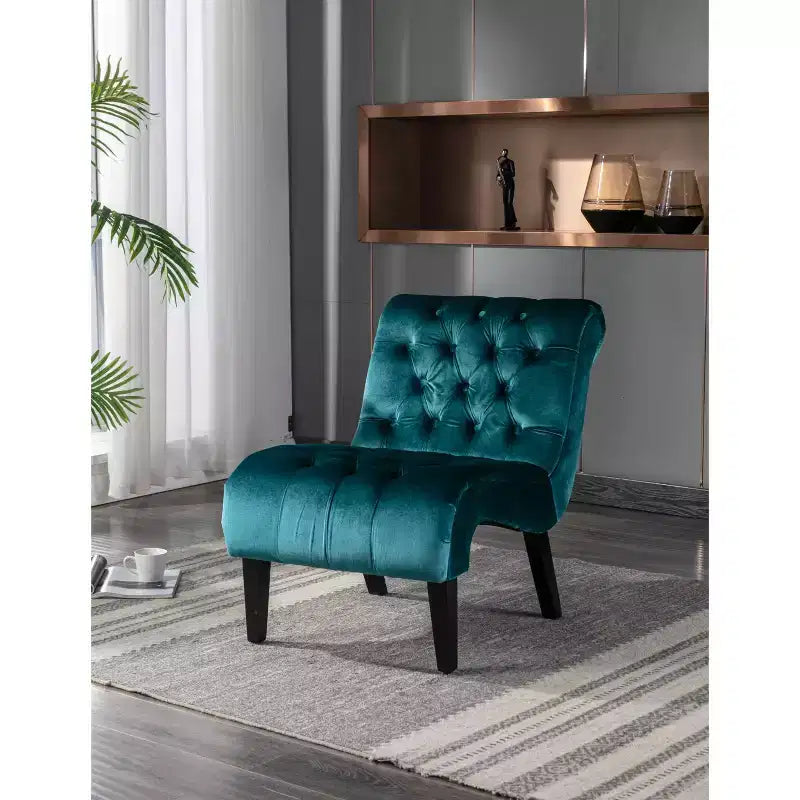 Fauteuil d'appoint sans accoudoirs en velours, avec boutons en tissu et pieds en bois
