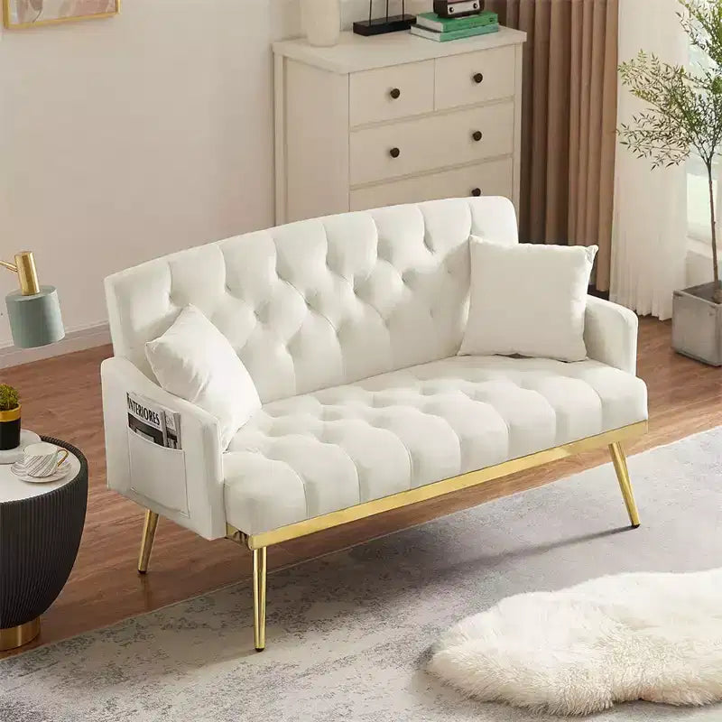 Causeuse rembourrée avec 2 oreillers, pieds en métal, canapé convertible en mousse