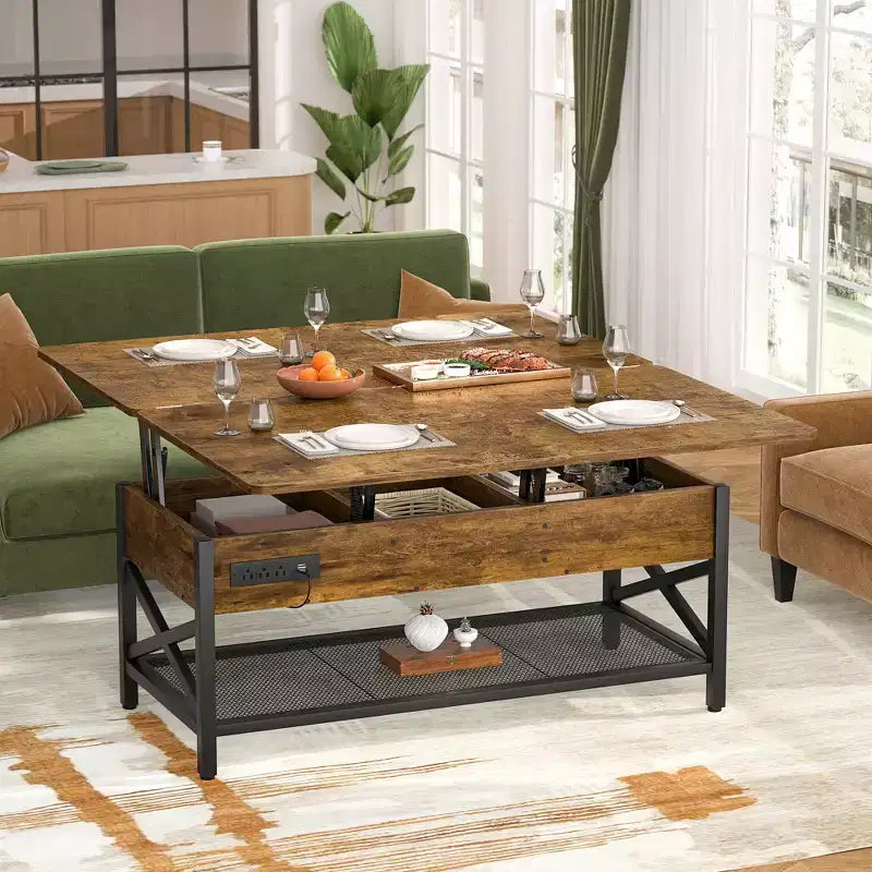 Table basse relevable avec lumière LED et prise de courant