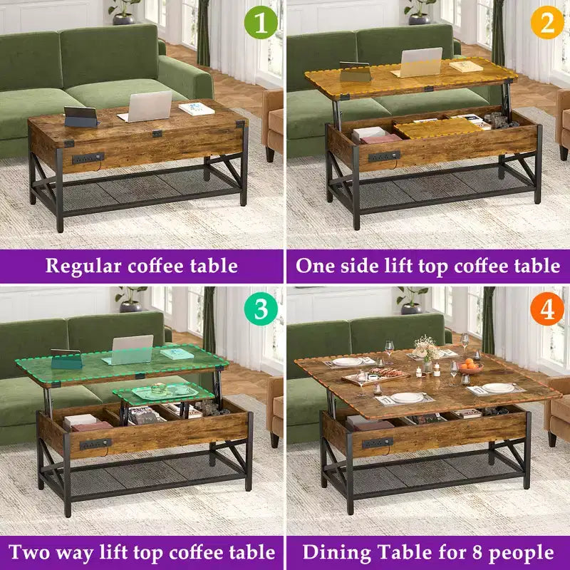 Table basse relevable avec lumière LED et prise de courant