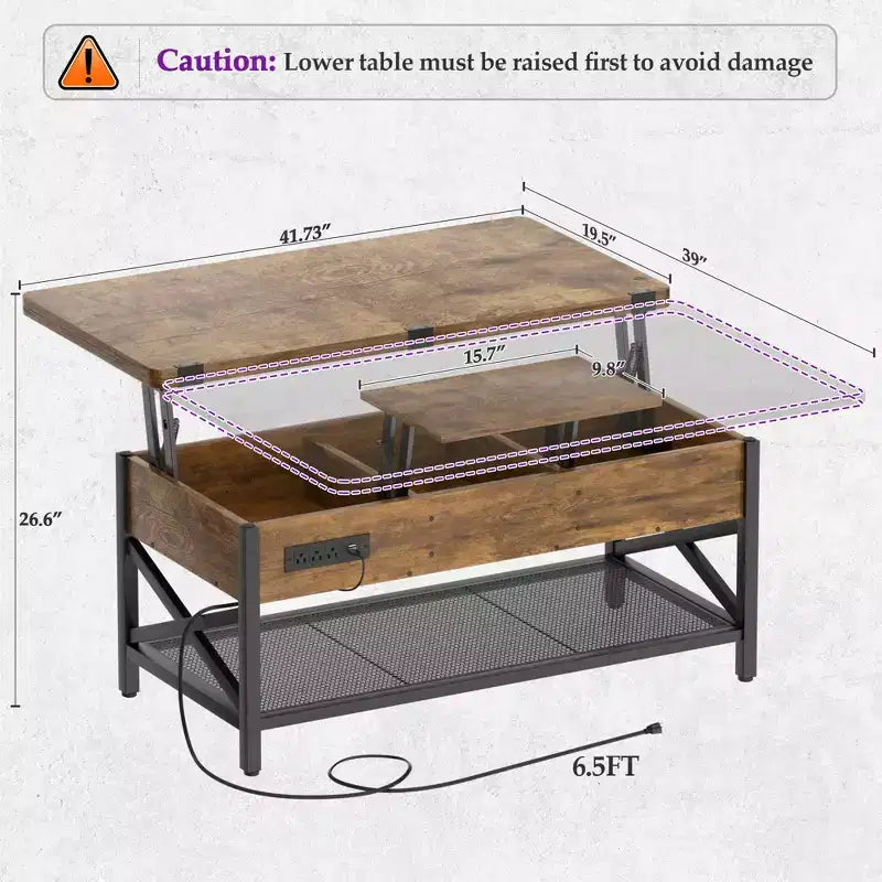 Table basse relevable avec lumière LED et prise de courant