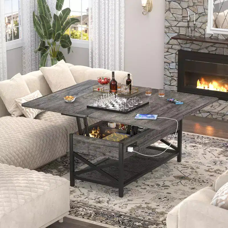 Table basse relevable avec lumière LED et prise de courant