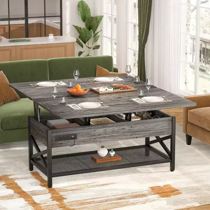 Table basse relevable avec lumière LED et prise de courant