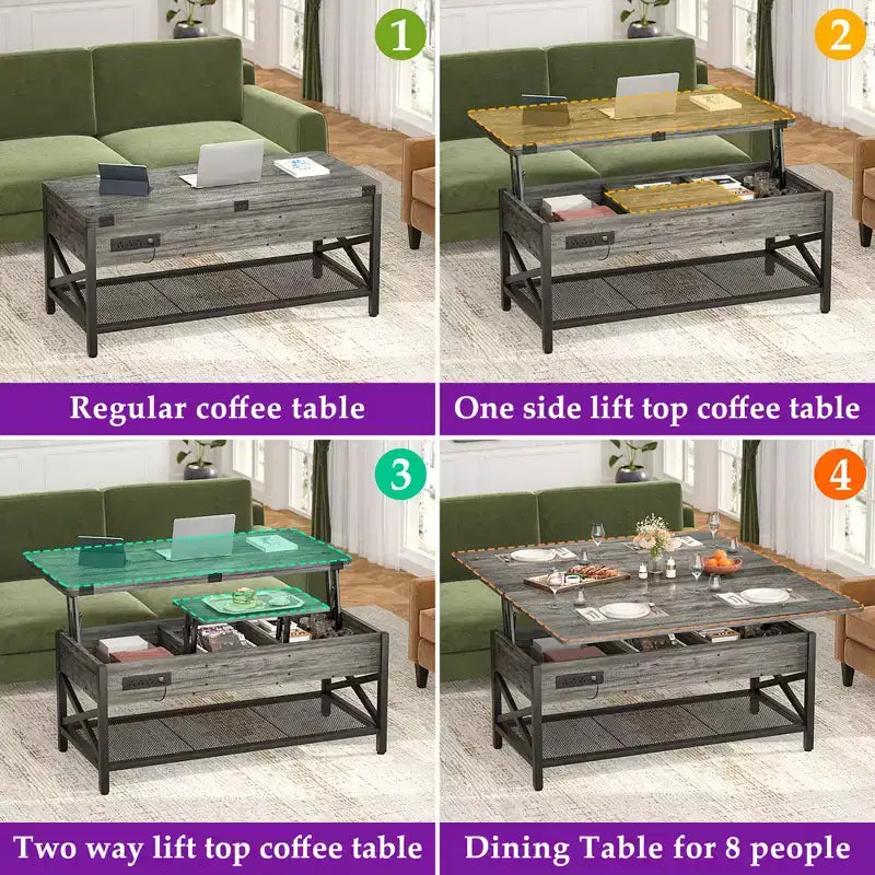 Table basse relevable avec lumière LED et prise de courant