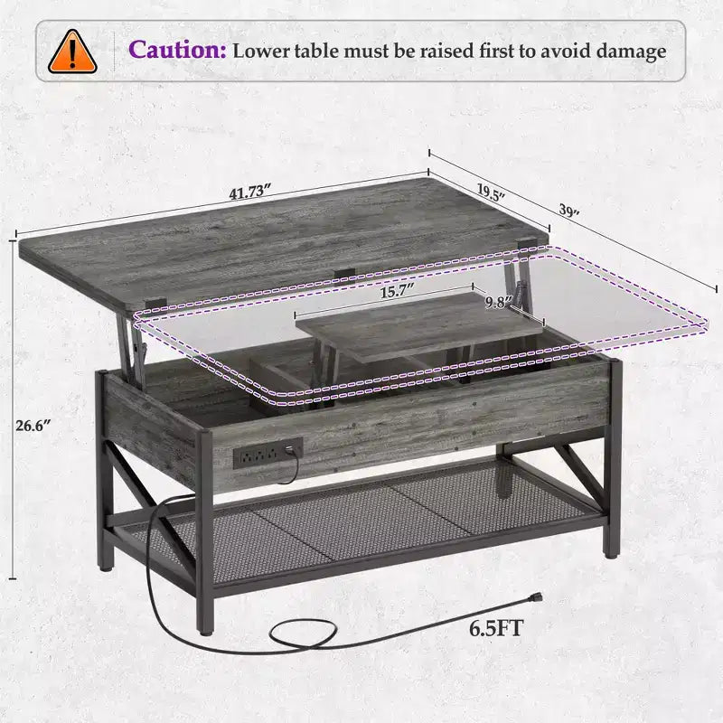 Table basse relevable avec lumière LED et prise de courant