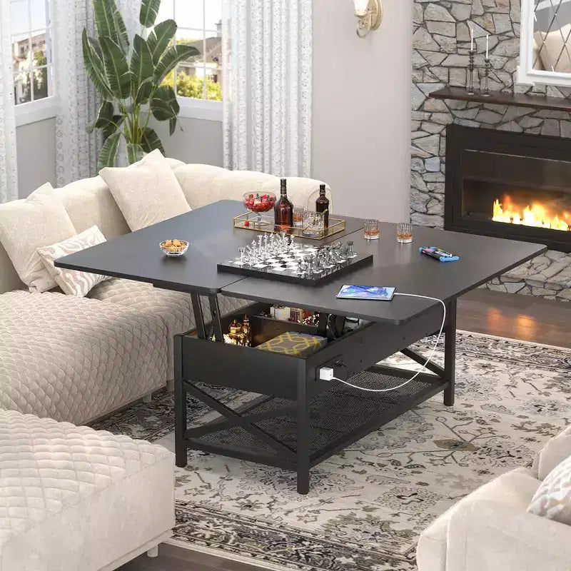 Table basse relevable avec lumière LED et prise de courant