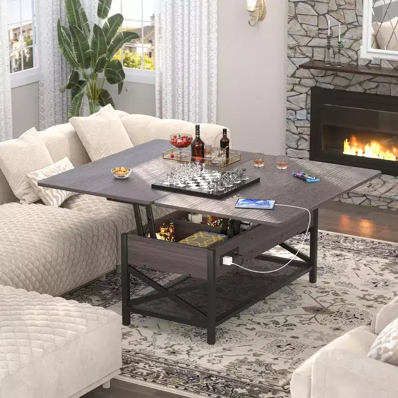 Table basse relevable avec lumière LED et prise de courant