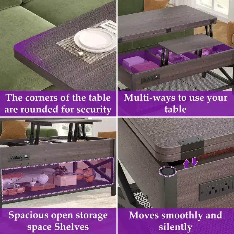 Table basse relevable avec lumière LED et prise de courant