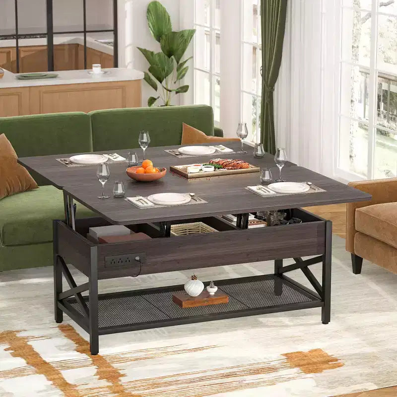Table basse relevable avec lumière LED et prise de courant