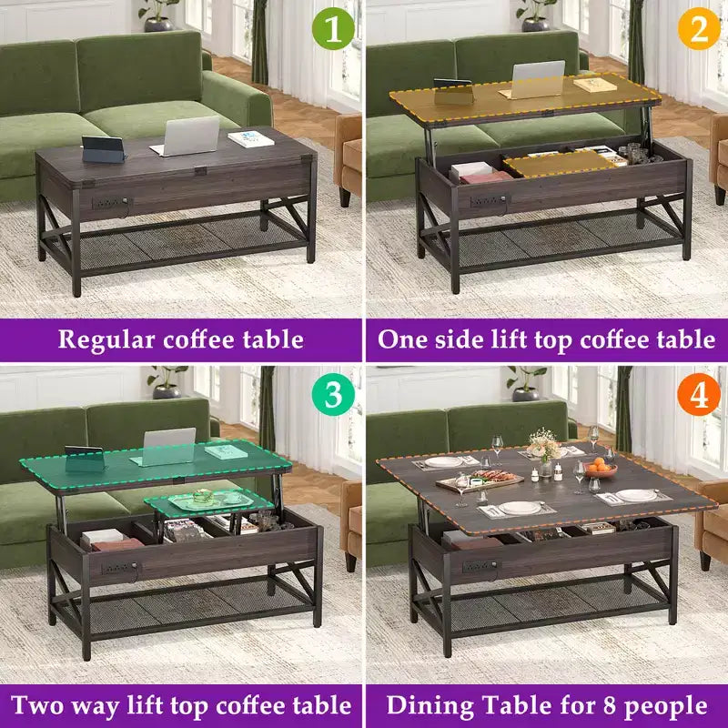 Table basse relevable avec lumière LED et prise de courant