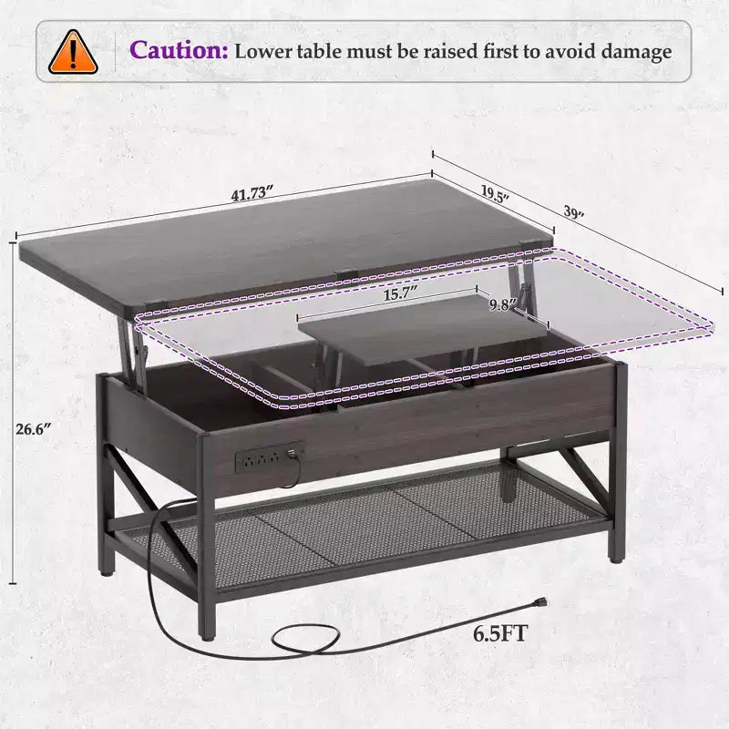 Table basse relevable avec lumière LED et prise de courant