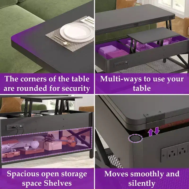 Table basse relevable avec lumière LED et prise de courant