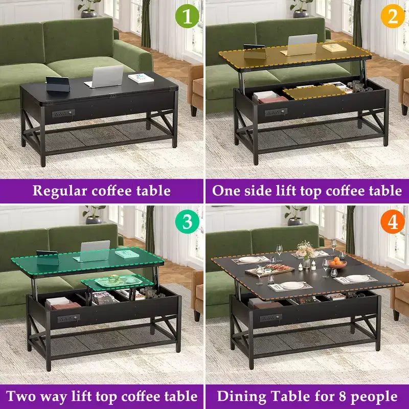 Table basse relevable avec lumière LED et prise de courant