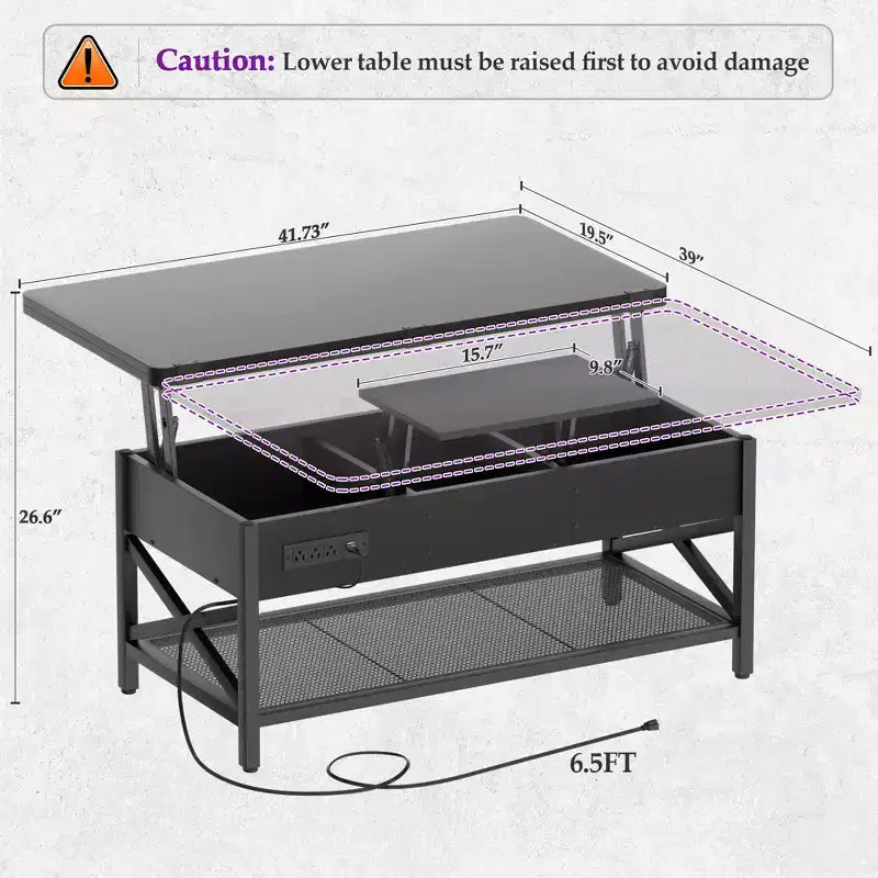 Table basse relevable avec lumière LED et prise de courant