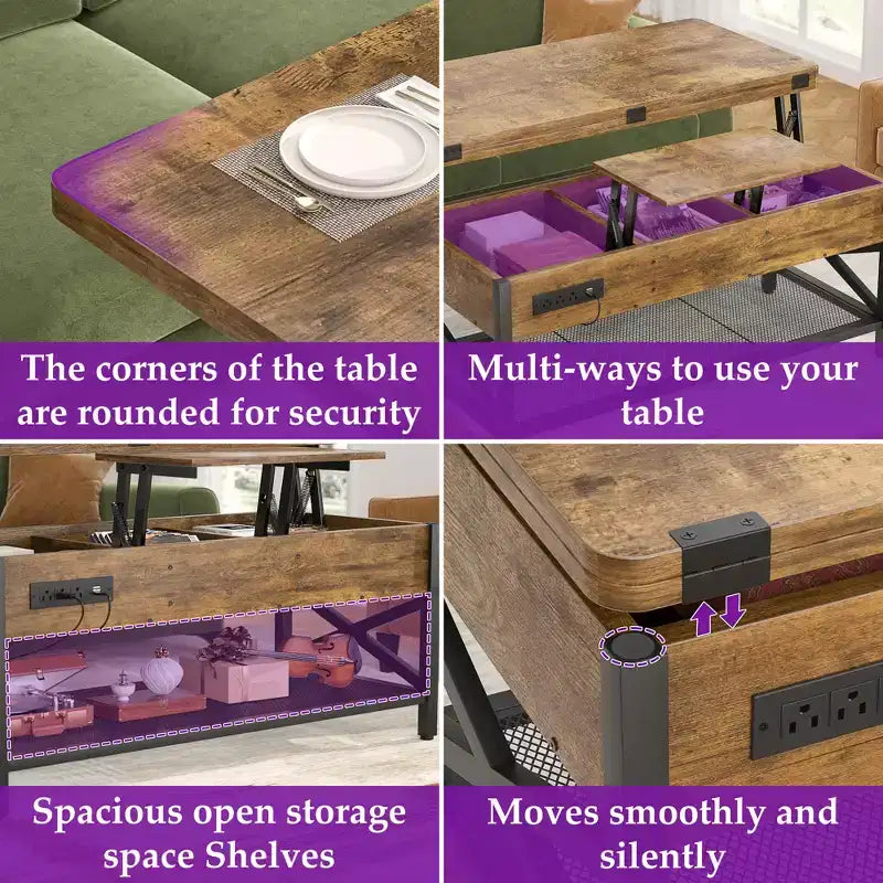 Table basse relevable avec lumière LED et prise de courant
