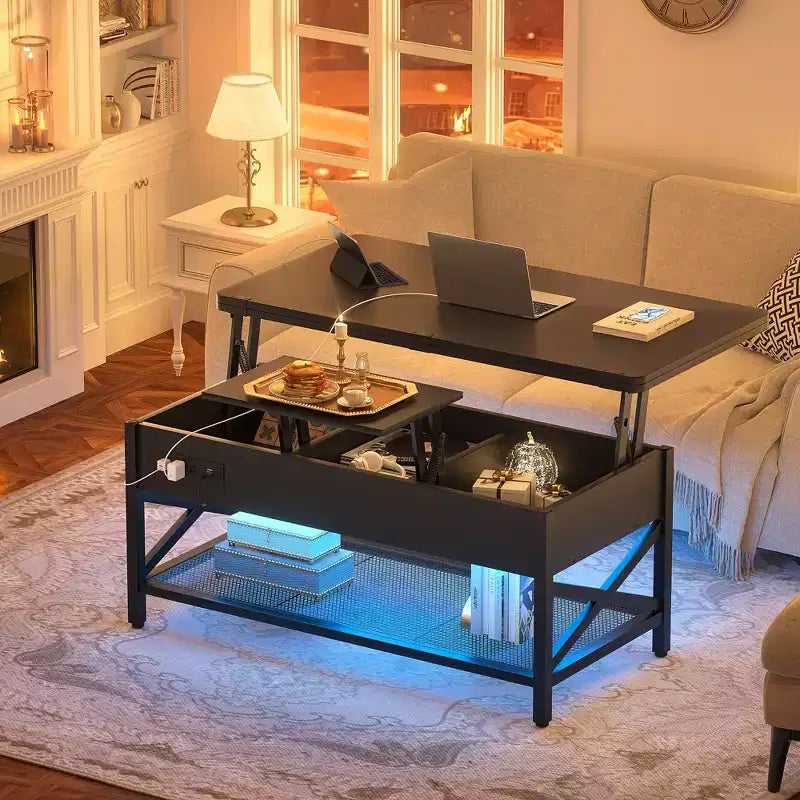 Besiost Coffee Table Lift Top with LED Light and Power Outlet