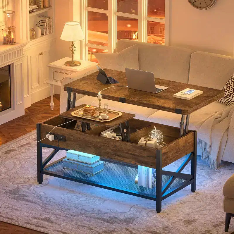 Table basse relevable avec lumière LED et prise de courant