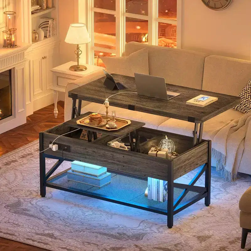 Table basse relevable avec lumière LED et prise de courant