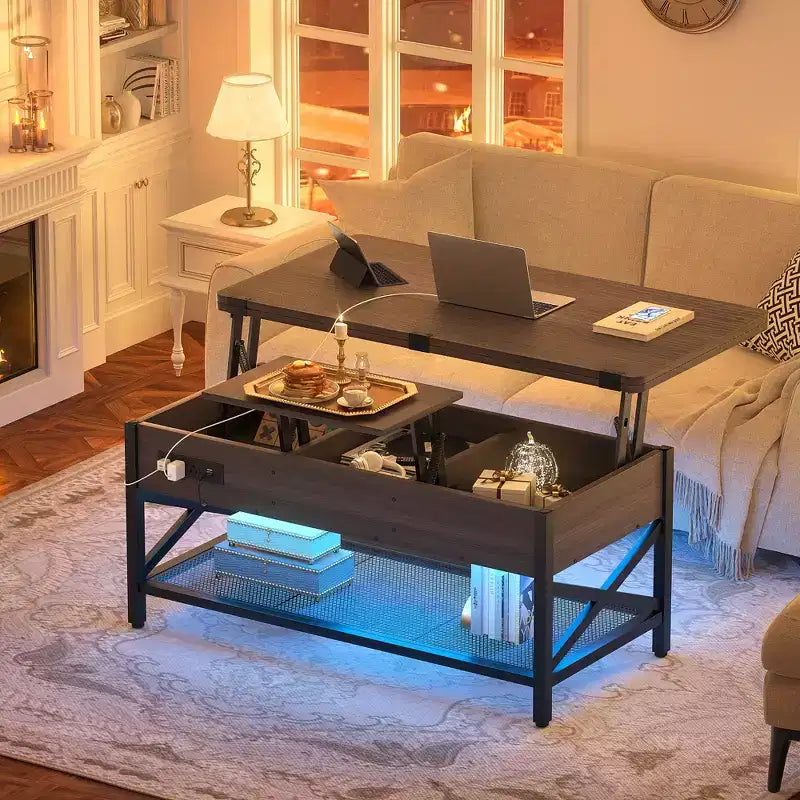 Table basse relevable avec lumière LED et prise de courant