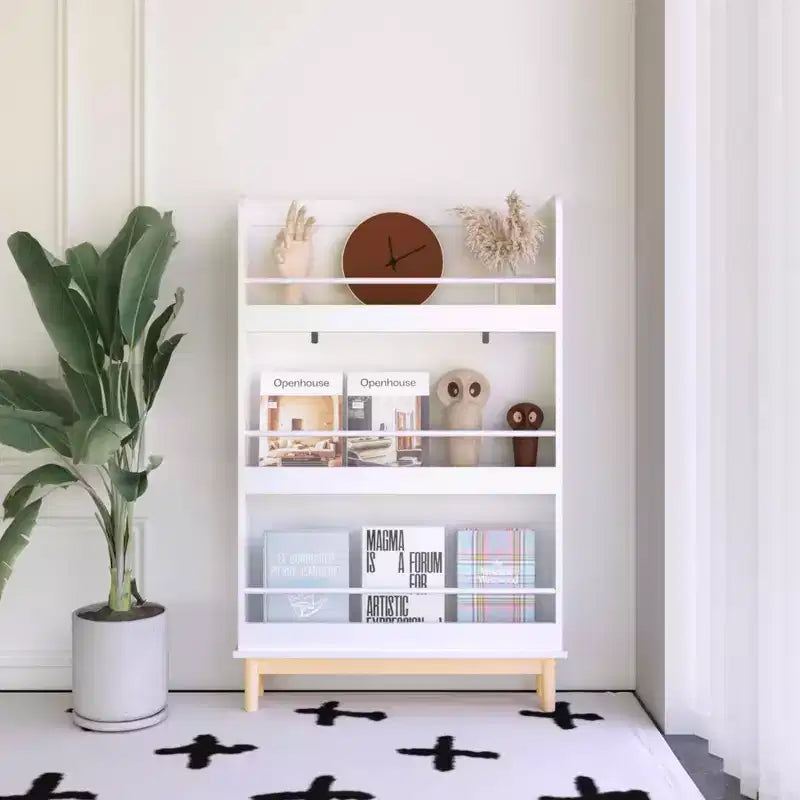 MAYEERTY Wall Mounted Kids Bookshelf with 3 Front Facing Display Shelves Modern White Book Rack with Natural for Toddler Bedroom