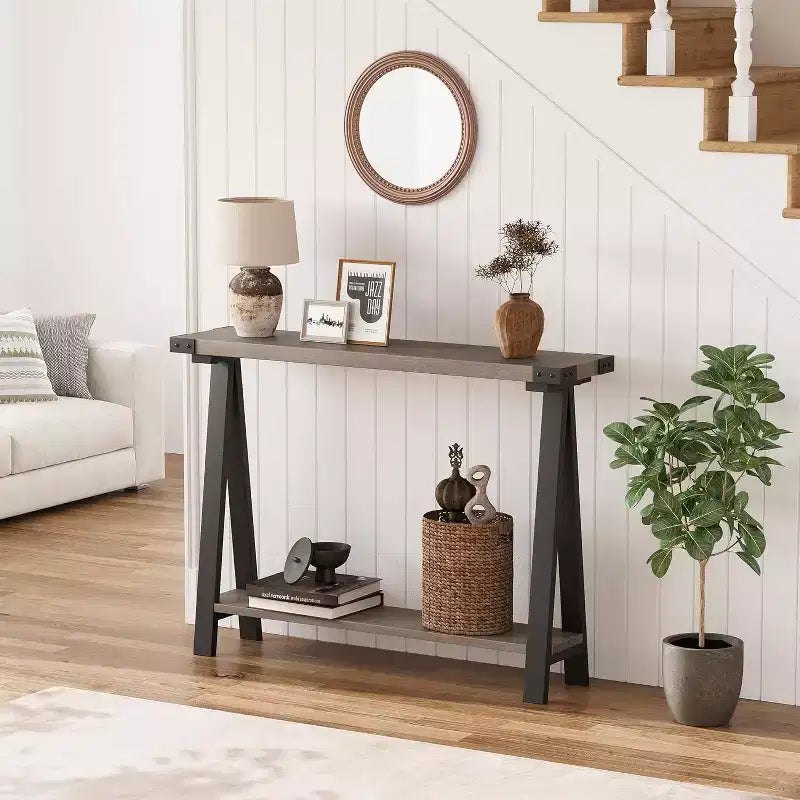 Console avec étagères ouvertes et pieds en R pour entrée, couloir ou salon