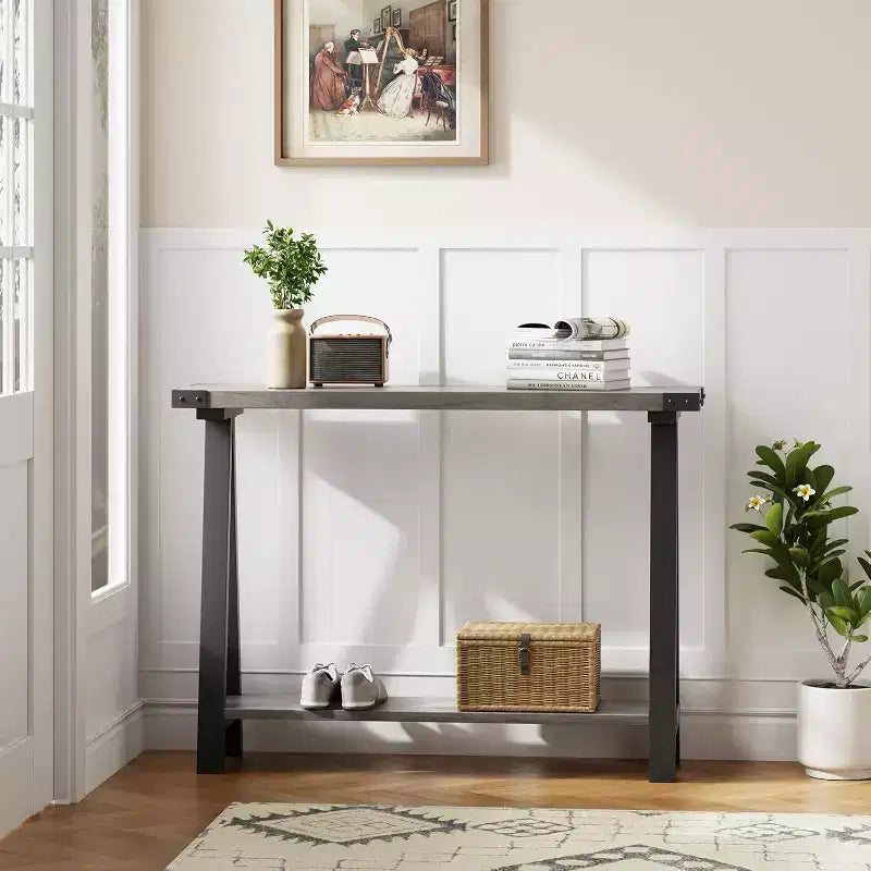 Console avec étagères ouvertes et pieds en R pour entrée, couloir ou salon