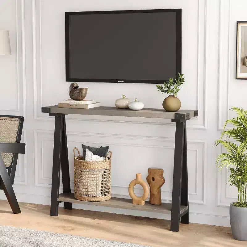 Console avec étagères ouvertes et pieds en R pour entrée, couloir ou salon