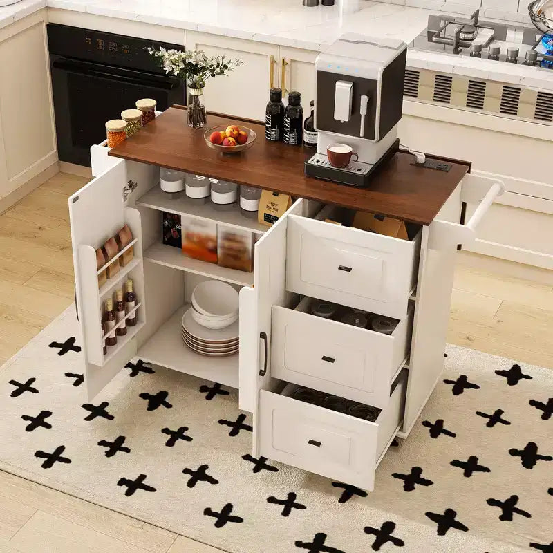 Rolling Kitchen Island with Drop Leaf Tabletop, 3 Drawers, 4 Door Shelves & Spice Rack, Mobile Outdoor BBQ Cart on Wheels, White