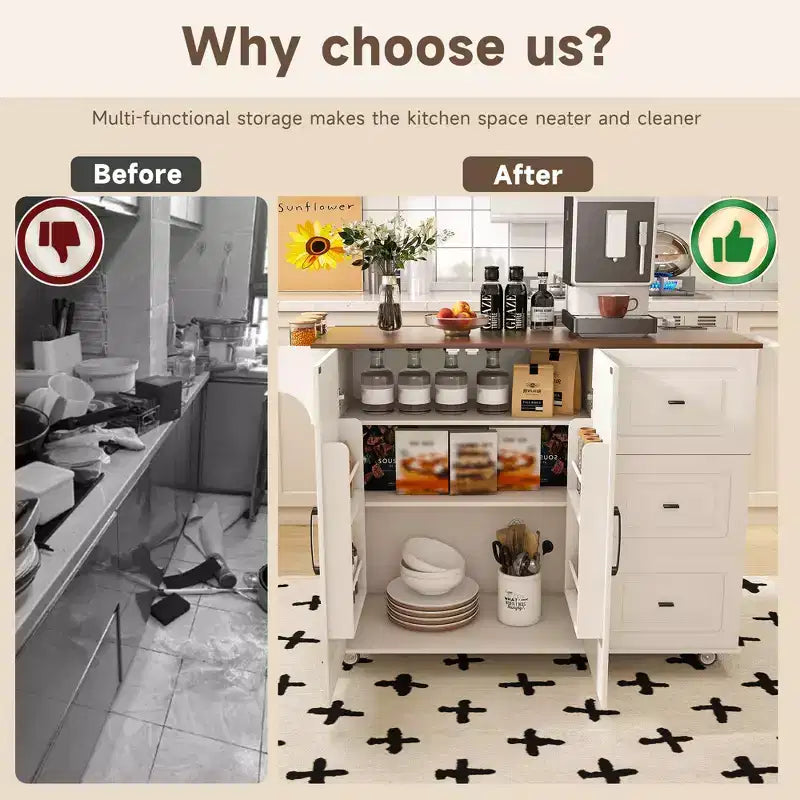 Îlot de cuisine roulant avec plateau rabattable, 3 tiroirs, 4 étagères à porte et porte-épices
